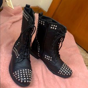 Leather combat boots with rhinestones